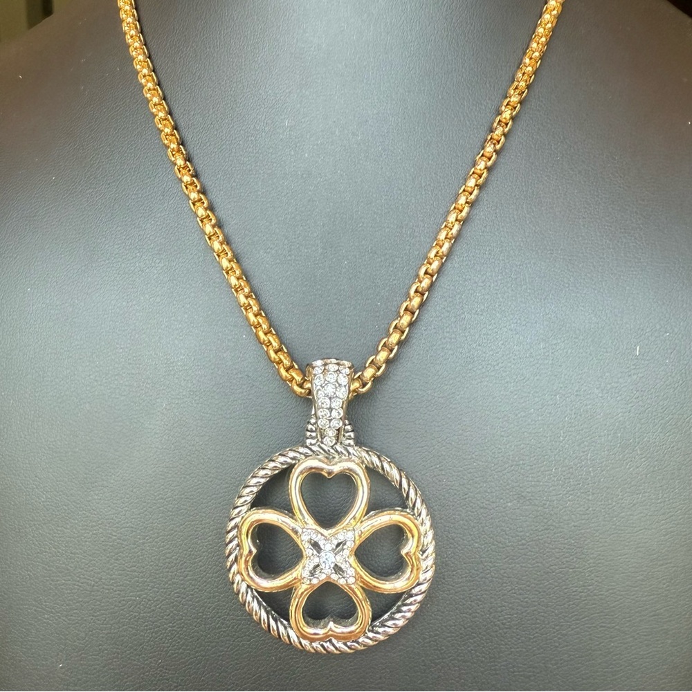 Gold Tone Mesh Chain with Lucky Clover Rhinestone CZ Pendant Enhancer 16-18”